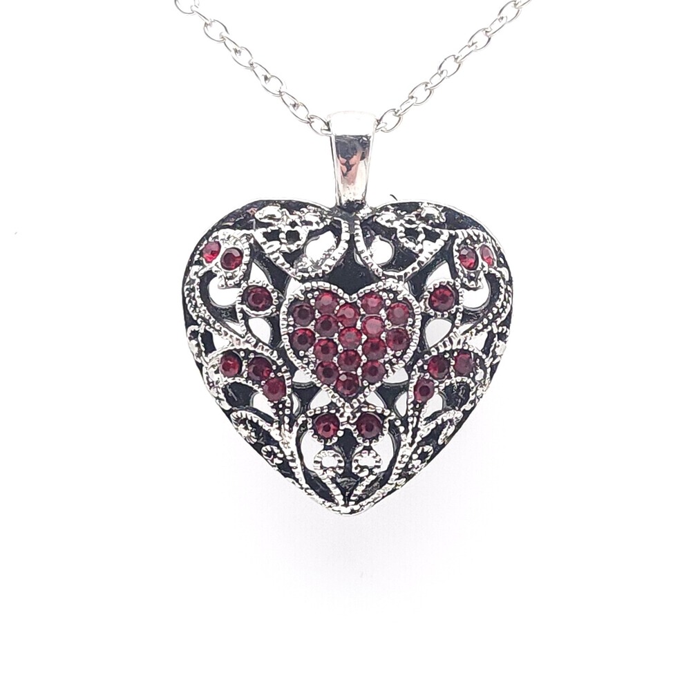 Silver Heart Necklace Filigree Pendant Red Rhinestone Romantic Statement 34in